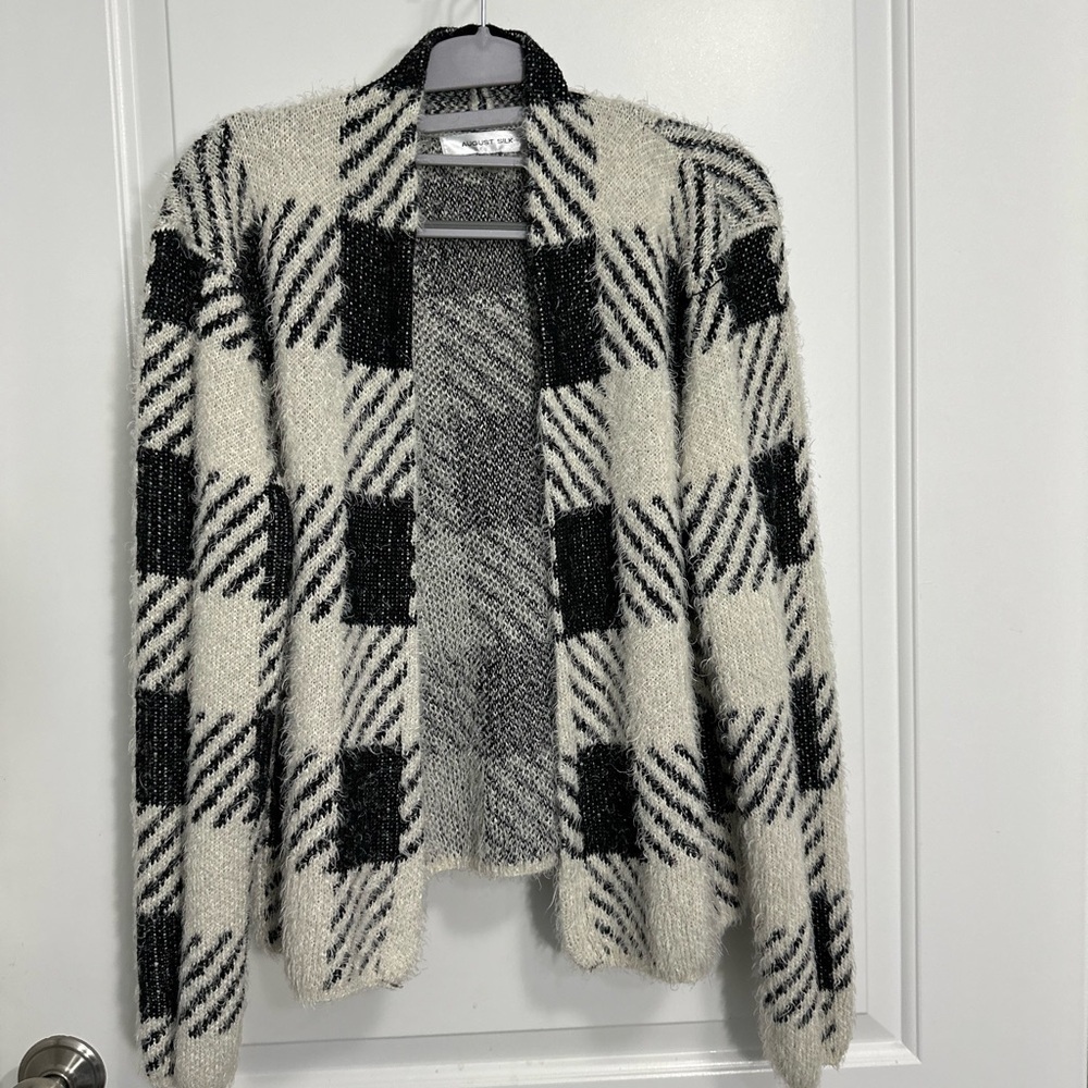 August Silk Buffalo Plaid Black and White Open Front Cardigan Size Medium